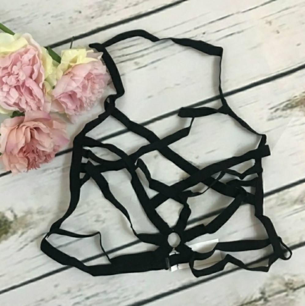 Black Strappy Criss Cross Harness Hollow Bralette - Picture 5 of 6